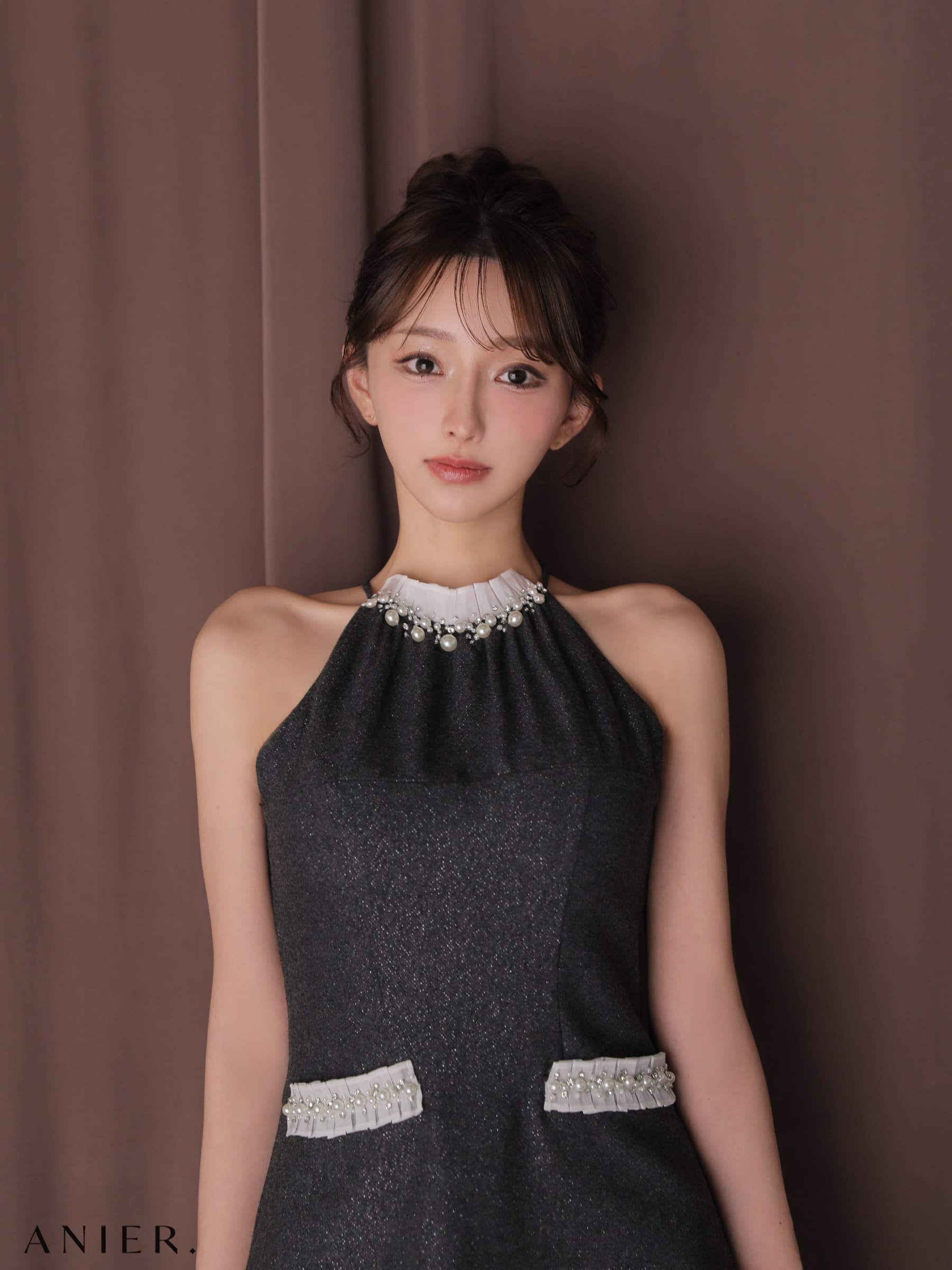 ROBE de FLEURS anier.ROBE ローブドフルール アニエルローブ 【XSサイズあり】 Glitter flannel halter pearl mini dress fm-anier4057-c