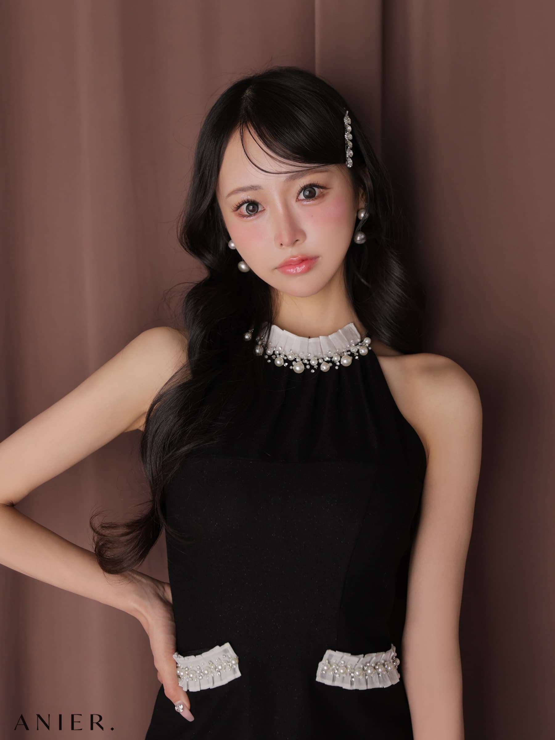 ROBE de FLEURS anier.ROBE ローブドフルール アニエルローブ 【XSサイズあり】 Glitter flannel halter pearl mini dress fm-anier4057-c