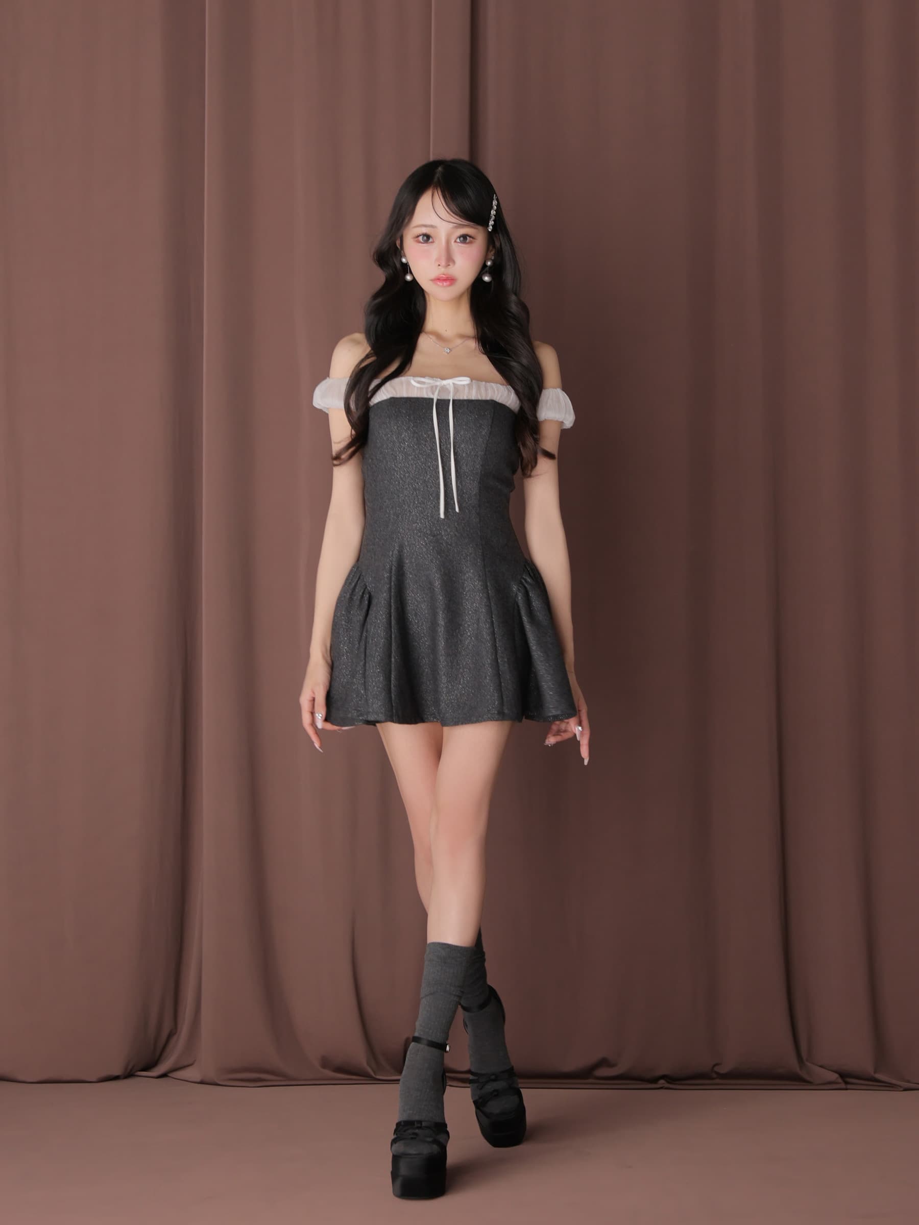 ROBE de FLEURS anier.ROBE ローブドフルール アニエルローブ 【XSサイズあり】 Glitter flannel off-the-shoulder mini dress fm-anier4058-c