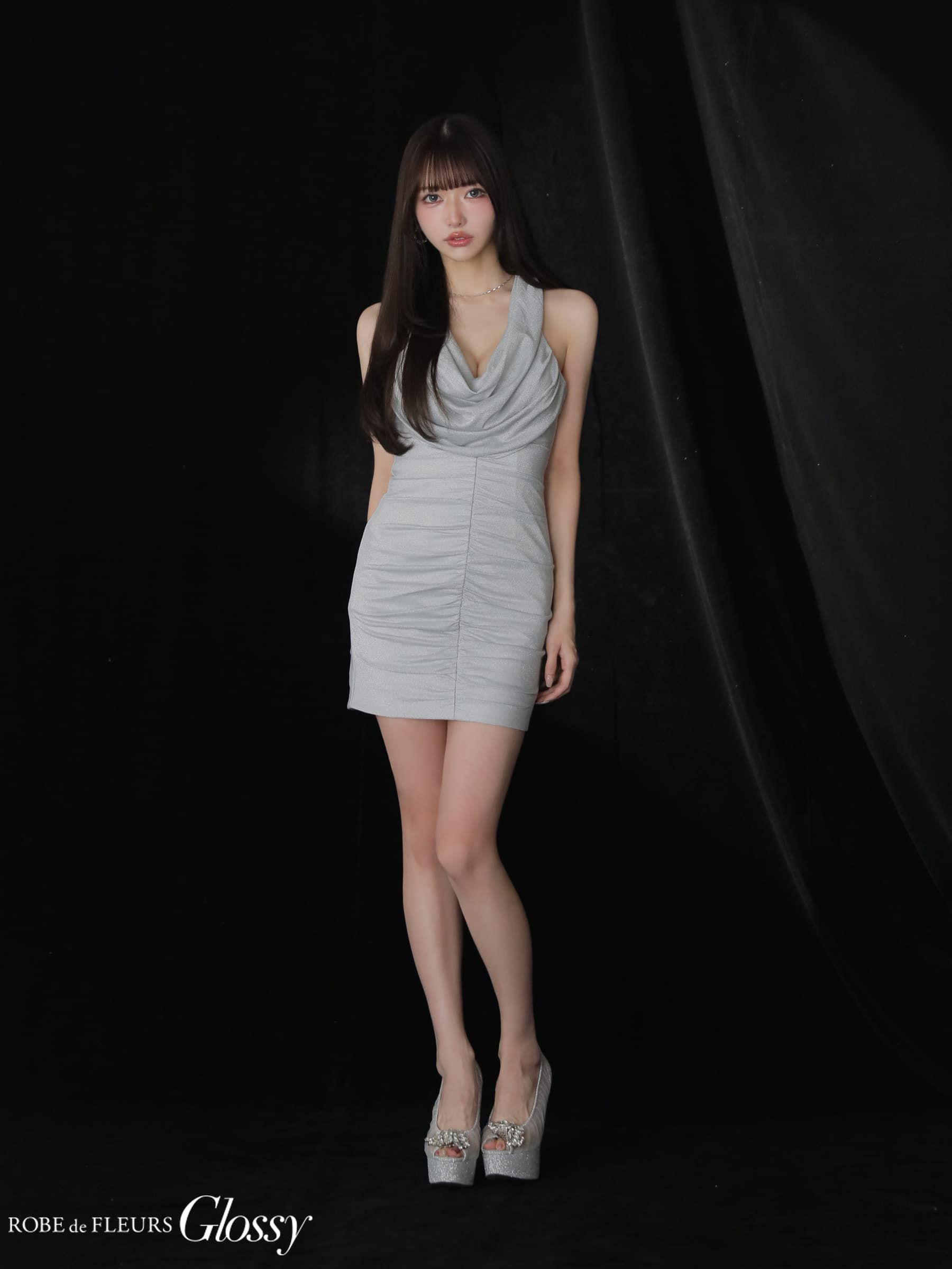 Glossy ローブドフルールグロッシー 【XSサイズあり】 ラメニットカウルネックシャーリングノースリーブタイトキャバドレス gl3967-c