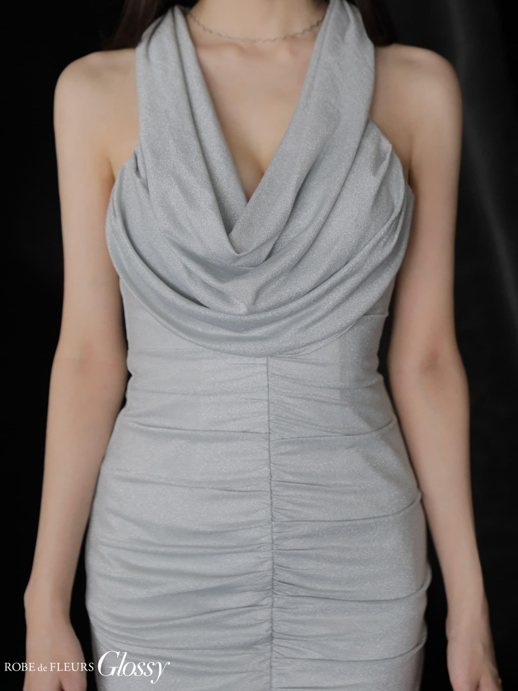 Glossy ローブドフルールグロッシー 【XSサイズあり】 ラメニットカウルネックシャーリングノースリーブタイトキャバドレス gl3967-c