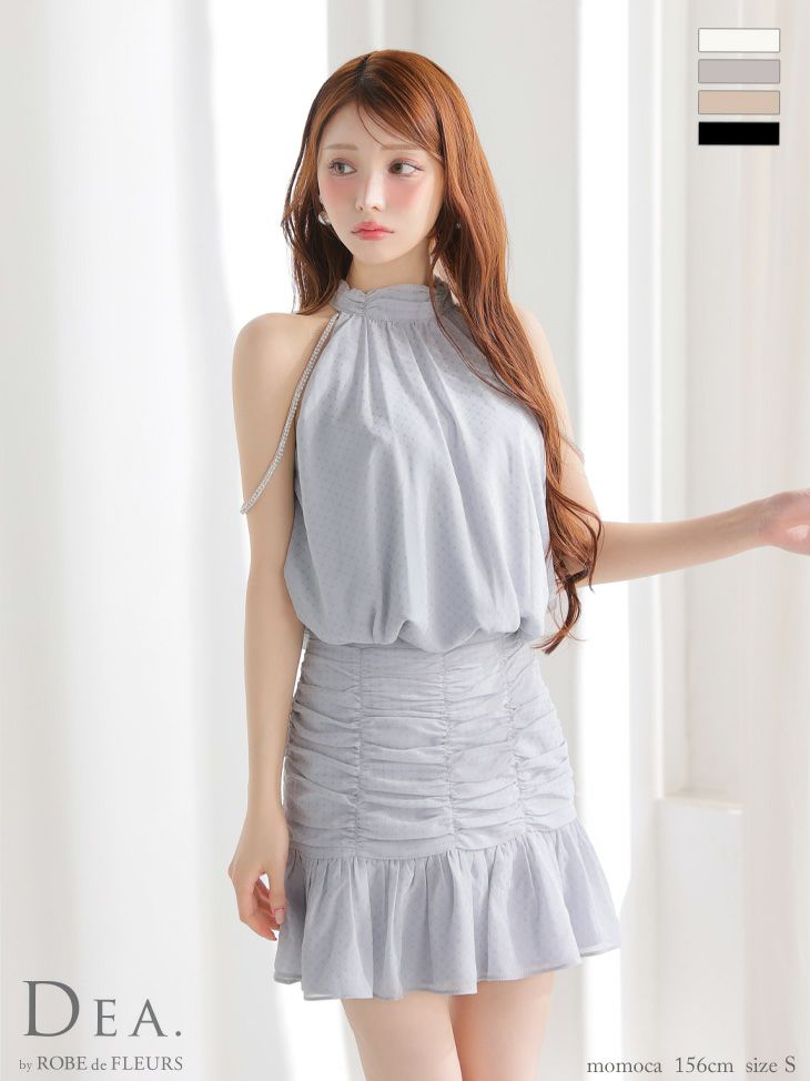 DEA. ディア バイ ローブドフルール ドットシフォンホルターネックフレアミニキャバドレス de3392