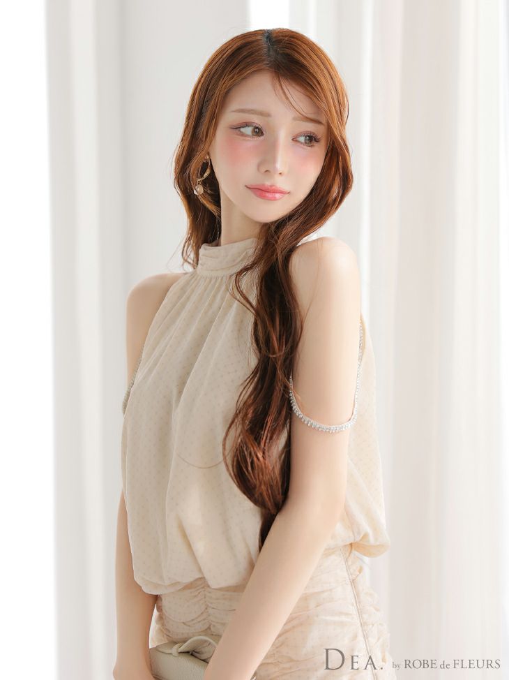 DEA. ディア バイ ローブドフルール ドットシフォンホルターネックフレアミニキャバドレス de3392