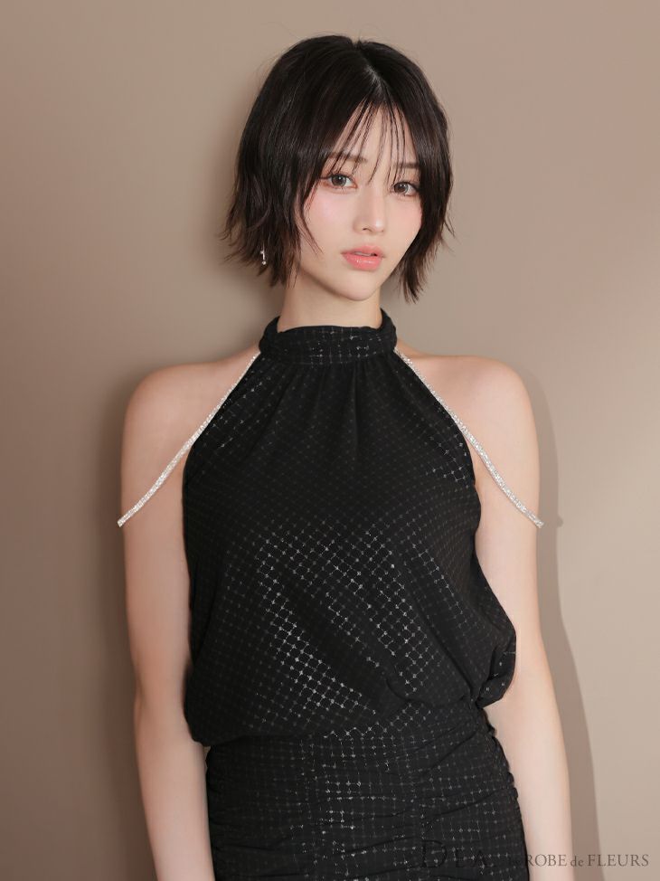 DEA. ディア バイ ローブドフルール ドットシフォンホルターネックフレアミニキャバドレス de3392