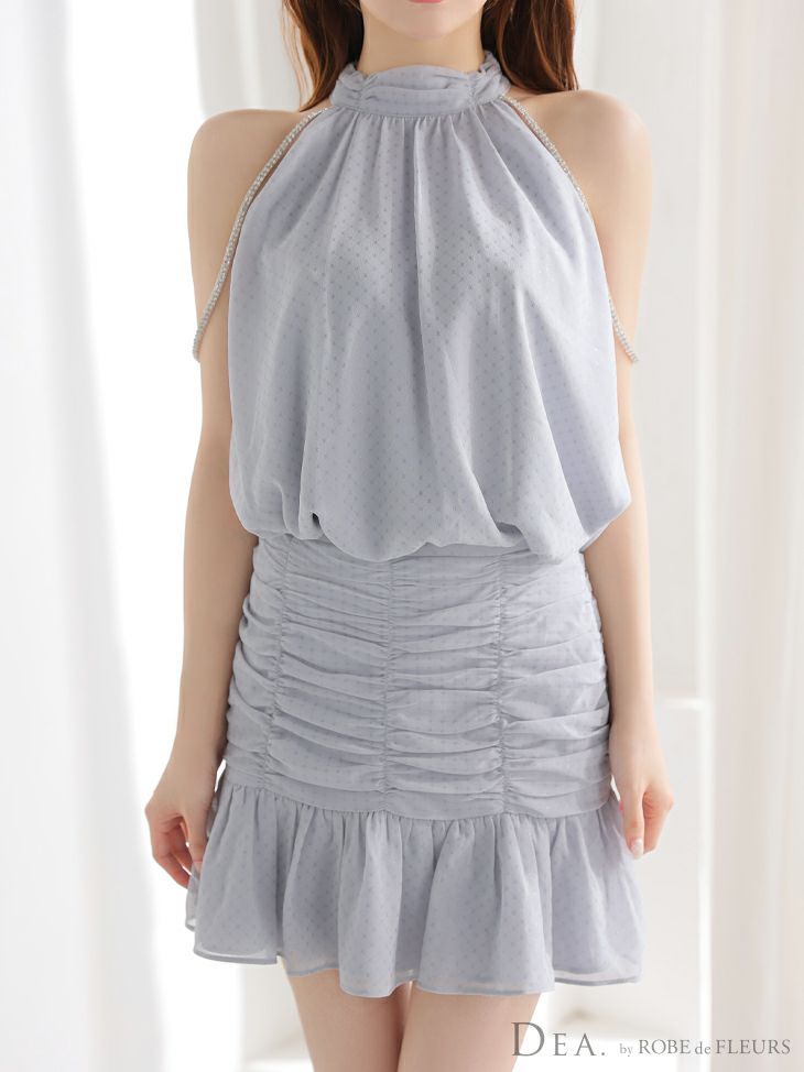 DEA. ディア バイ ローブドフルール ドットシフォンホルターネックフレアミニキャバドレス de3392
