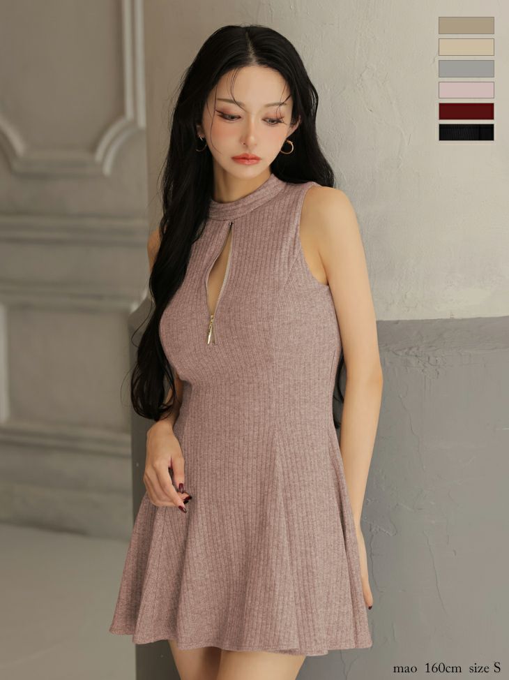 Glossy ローブドフルールグロッシー 【XSサイズあり】 ラメニットハイネックノースリーブフレアミニキャバドレス gl4622