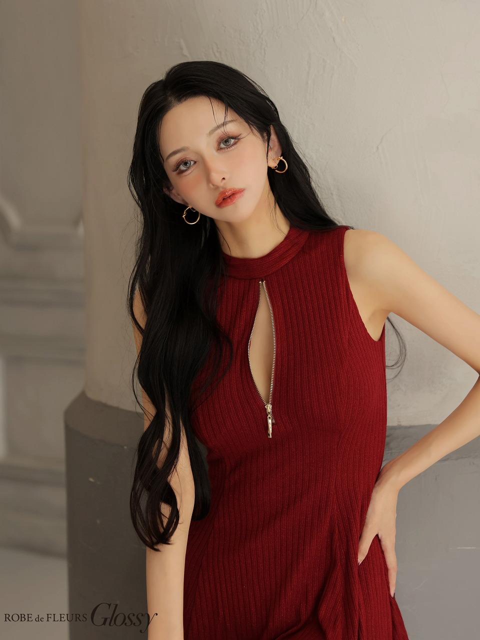 Glossy ローブドフルールグロッシー 【XSサイズあり】 ラメニットハイネックノースリーブフレアミニキャバドレス gl4622