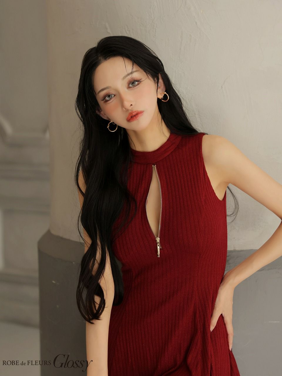 Glossy ローブドフルールグロッシー 【XSサイズあり】 ラメニットハイネックノースリーブフレアミニキャバドレス gl4622