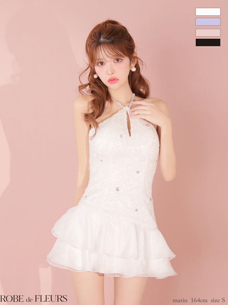 ROBE de FLEURS ローブドフルール 【XSサイズあり】 フラワーレースホルターネックティアードフレアミニキャバドレス fm4339
