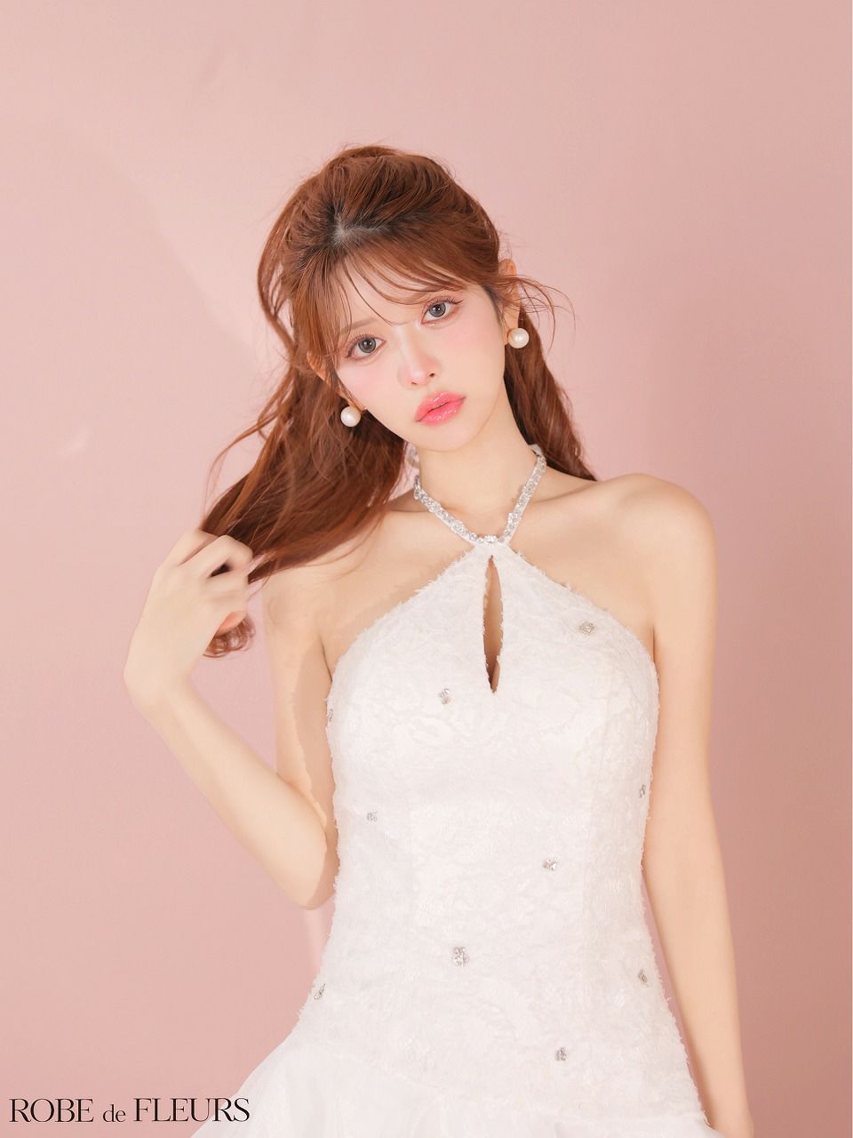 ROBE de FLEURS ローブドフルール 【XSサイズあり】 フラワーレースホルターネックティアードフレアミニキャバドレス fm4339