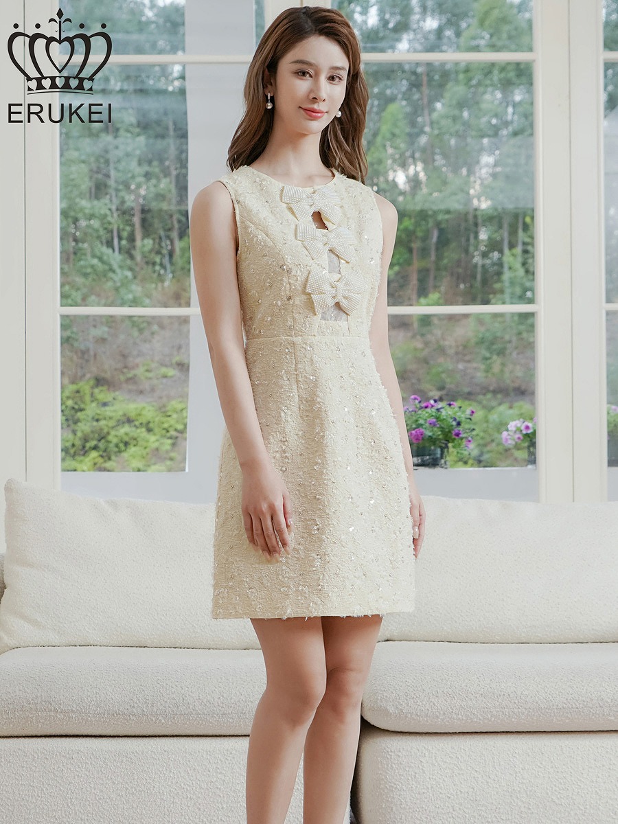 ERUKEI エルケイ アイボリー・パールリボン・シアーレース・ビーズ・スパンコール・ノースリーブ・Aライン・ミニドレス・ワンピース ek-e2852