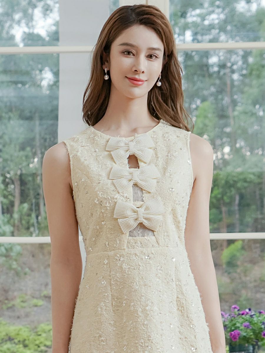 ERUKEI エルケイ アイボリー・パールリボン・シアーレース・ビーズ・スパンコール・ノースリーブ・Aライン・ミニドレス・ワンピース ek-e2852