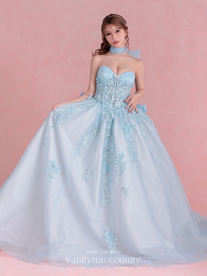 vanityME.couture. バニティミークチュール Aquamarine Flower Couture アクアマリン・フラワー・クチュール ロングドレス バースデー 水色 プリンセス シンデレラ vctr-l-5058