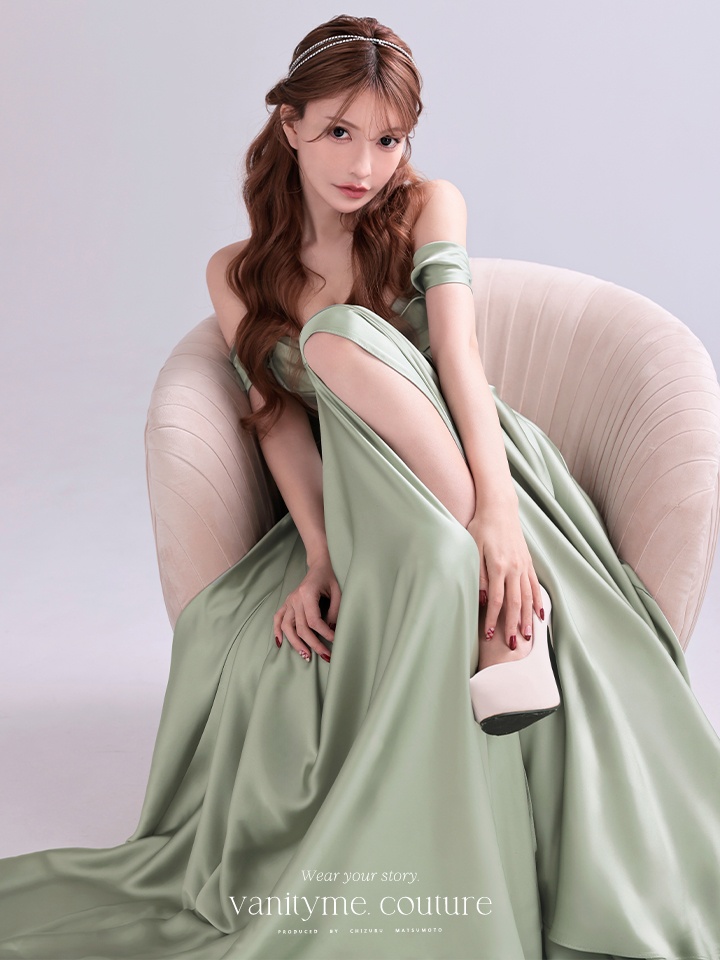 vanityME.couture. バニティミークチュール Silky Sage Couture シルキー・セージ・クチュール ロングドレス 緑 サテン シンプル vctr-l-7449-1