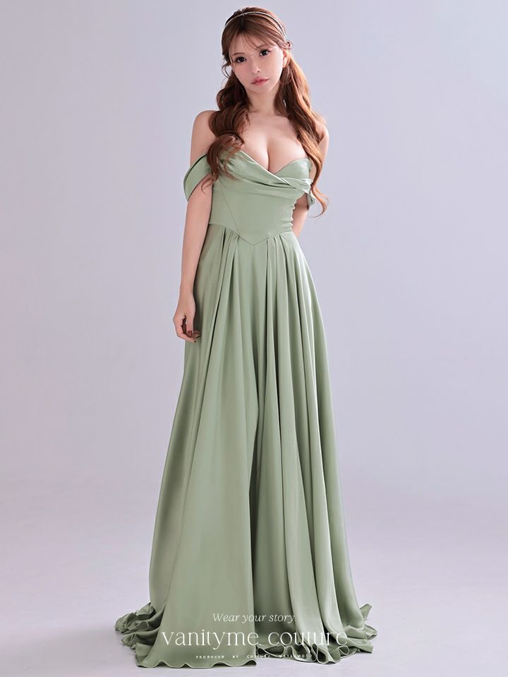vanityME.couture. バニティミークチュール Silky Sage Couture シルキー・セージ・クチュール ロングドレス 緑 サテン シンプル vctr-l-7449-1