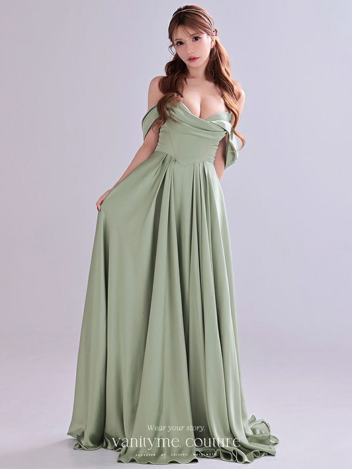 vanityME.couture. バニティミークチュール Silky Sage Couture シルキー・セージ・クチュール ロングドレス 緑 サテン シンプル vctr-l-7449-1