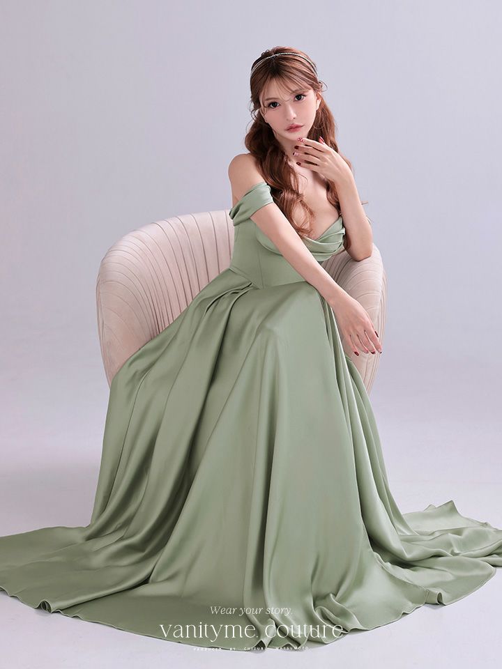 vanityME.couture. バニティミークチュール Silky Sage Couture シルキー・セージ・クチュール ロングドレス 緑 サテン シンプル vctr-l-7449-1