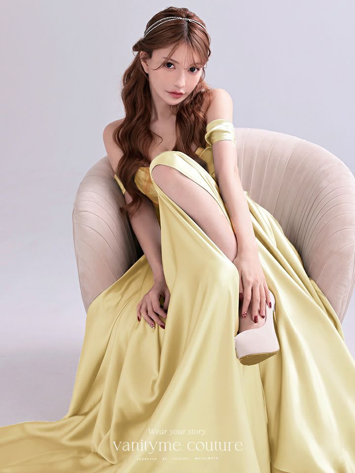 vanityME.couture. バニティミークチュール Silky Yellow Couture シルキー・イエロー・クチュール ロングドレス サテン 黄色 シンプル vctr-l-7449-2