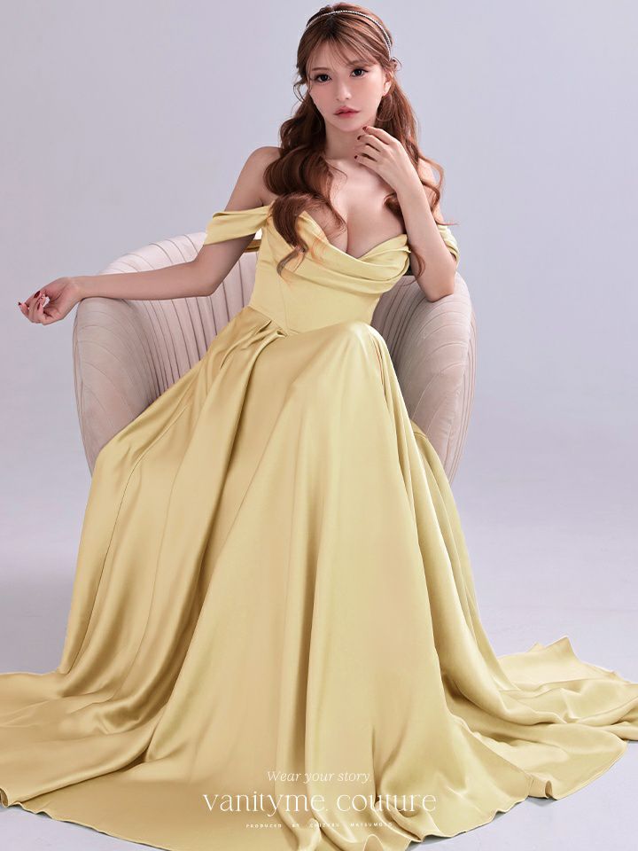 vanityME.couture. バニティミークチュール Silky Yellow Couture シルキー・イエロー・クチュール ロングドレス サテン 黄色 シンプル vctr-l-7449-2