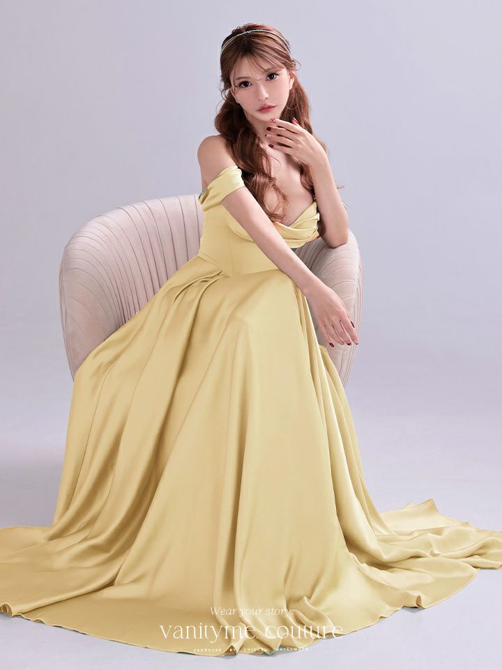 vanityME.couture. バニティミークチュール Silky Yellow Couture シルキー・イエロー・クチュール ロングドレス サテン 黄色 シンプル vctr-l-7449-2