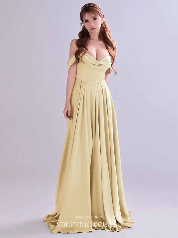vanityME.couture. バニティミークチュール Silky Yellow Couture シルキー・イエロー・クチュール ロングドレス サテン 黄色 シンプル vctr-l-7449-2