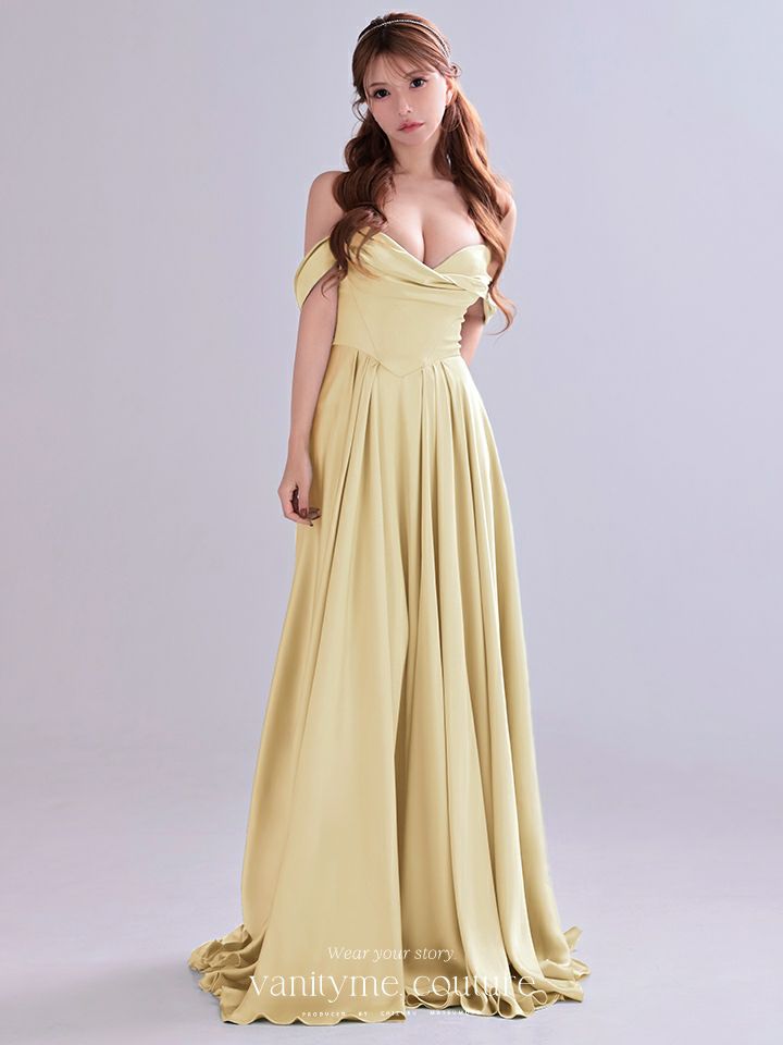 vanityME.couture. バニティミークチュール Silky Yellow Couture シルキー・イエロー・クチュール ロングドレス サテン 黄色 シンプル vctr-l-7449-2