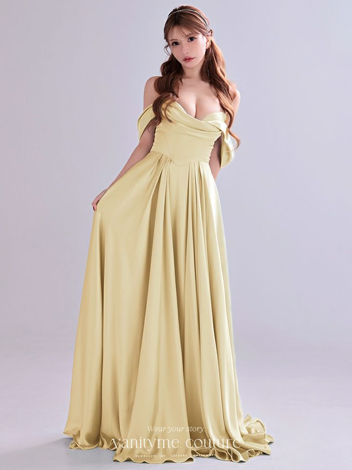vanityME.couture. バニティミークチュール Silky Yellow Couture シルキー・イエロー・クチュール ロングドレス サテン 黄色 シンプル vctr-l-7449-2