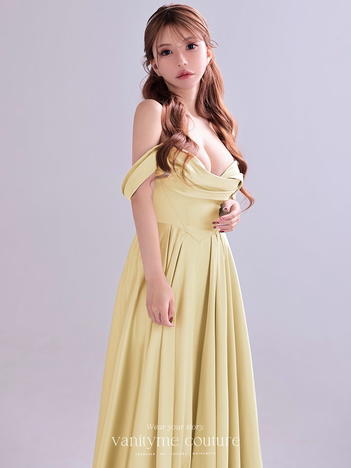 vanityME.couture. バニティミークチュール Silky Yellow Couture シルキー・イエロー・クチュール ロングドレス サテン 黄色 シンプル vctr-l-7449-2