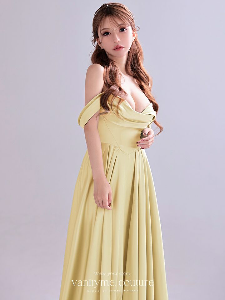 vanityME.couture. バニティミークチュール Silky Yellow Couture シルキー・イエロー・クチュール ロングドレス サテン 黄色 シンプル vctr-l-7449-2