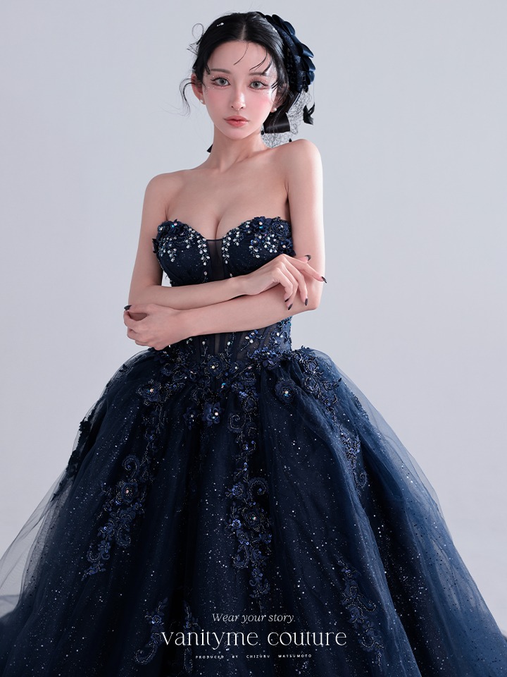 vanityME.couture. バニティミークチュール Galaxy Navy Couture ギャラクシー・ネイビー・クチュール ロングドレス バースデー キラキラ グリッター 紺 vctr-l-5061