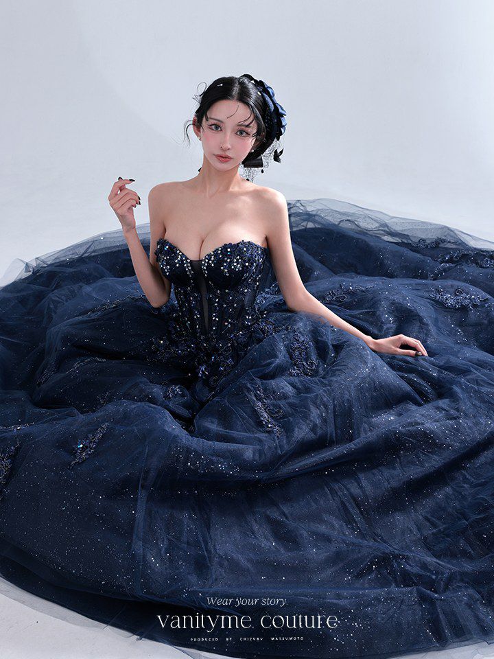 vanityME.couture. バニティミークチュール Galaxy Navy Couture ギャラクシー・ネイビー・クチュール ロングドレス バースデー キラキラ グリッター 紺 vctr-l-5061