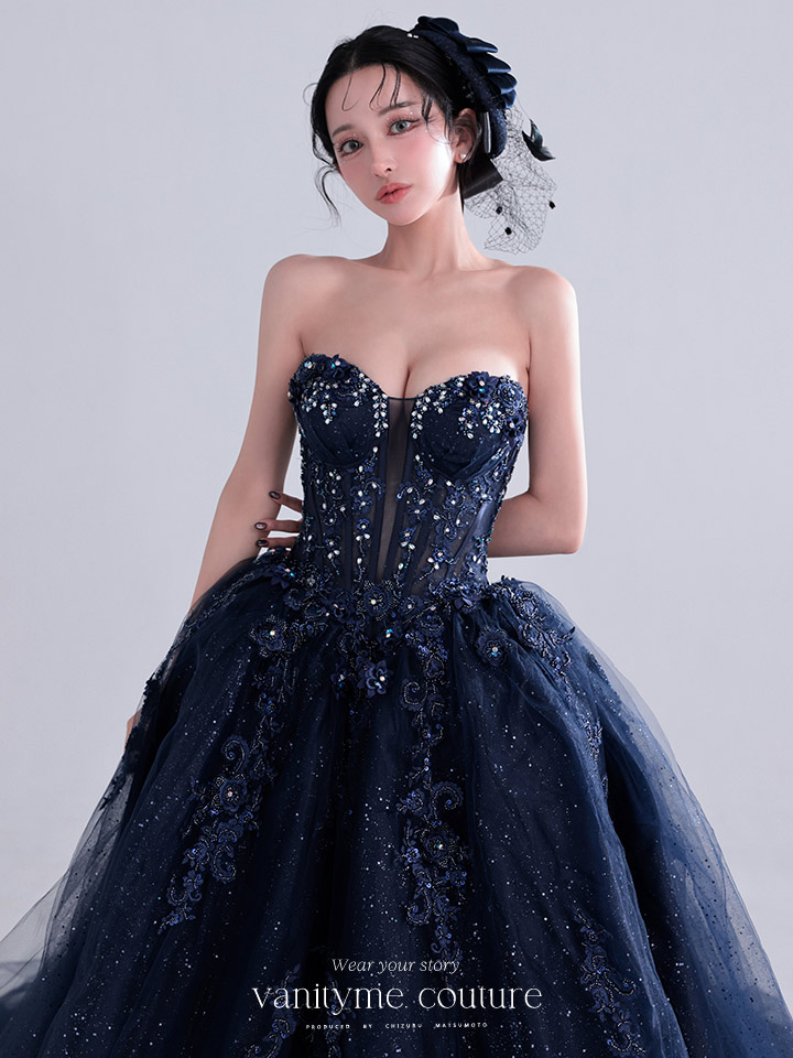 vanityME.couture. バニティミークチュール Galaxy Navy Couture ギャラクシー・ネイビー・クチュール ロングドレス バースデー キラキラ グリッター 紺 vctr-l-5061