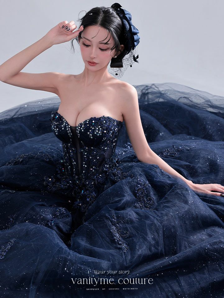 vanityME.couture. バニティミークチュール Galaxy Navy Couture ギャラクシー・ネイビー・クチュール ロングドレス バースデー キラキラ グリッター 紺 vctr-l-5061