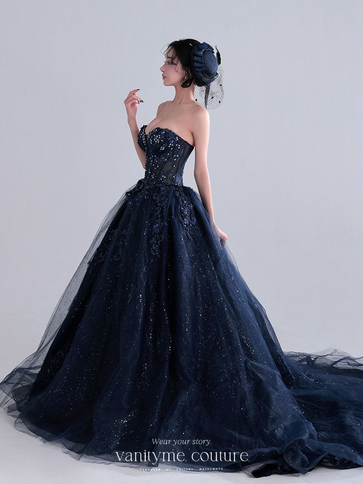 vanityME.couture. バニティミークチュール Galaxy Navy Couture ギャラクシー・ネイビー・クチュール ロングドレス バースデー キラキラ グリッター 紺 vctr-l-5061