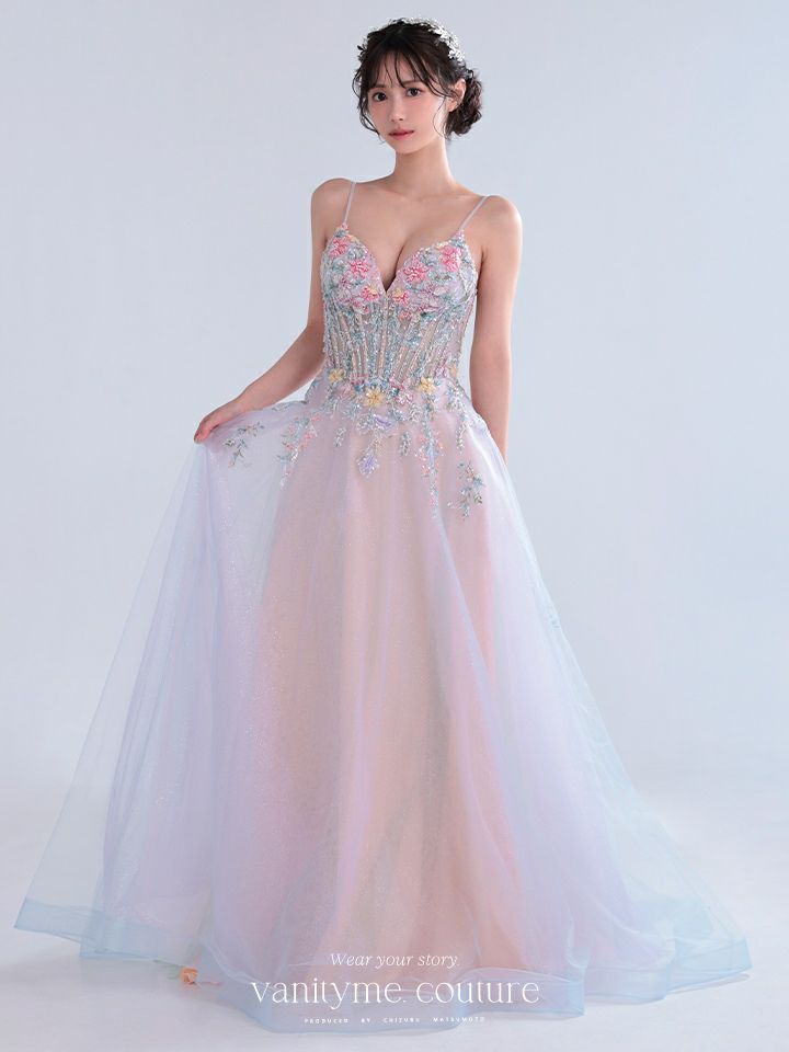 vanityME.couture. バニティミークチュール Aurore Fleur Couture オーロラ・フルール・クチュール ロングドレス パステル グラデーション 刺繍 花柄 バースデー vctr-l-a1477