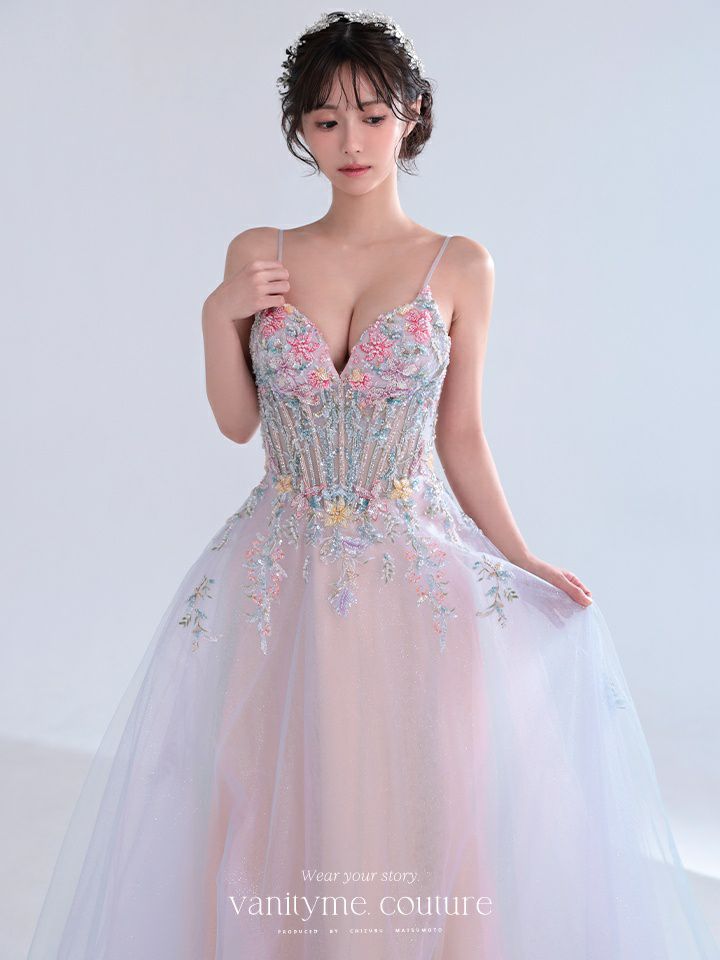 vanityME.couture. バニティミークチュール Aurore Fleur Couture オーロラ・フルール・クチュール ロングドレス パステル グラデーション 刺繍 花柄 バースデー vctr-l-a1477