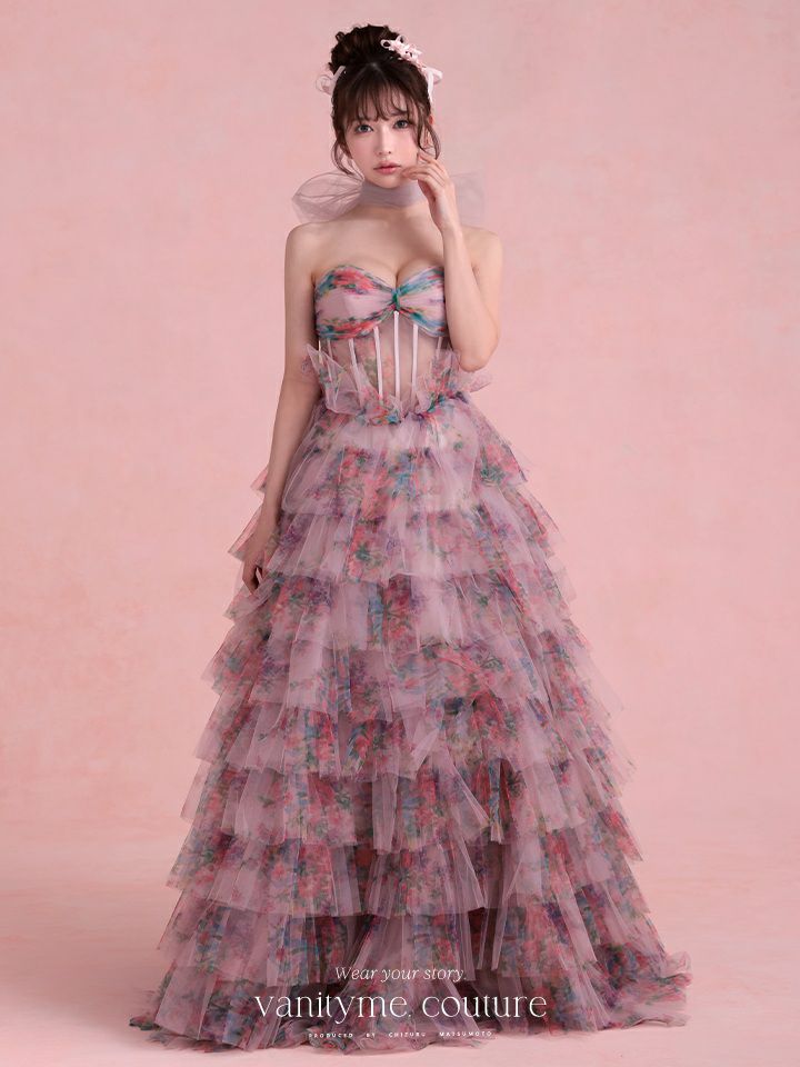 vanityME.couture. バニティミークチュール Jardin Fleur Couture ジャルダン・フルール・クチュール ロングドレス ピンク 花柄 プリント ティアード バースデー vctr-l-a1463