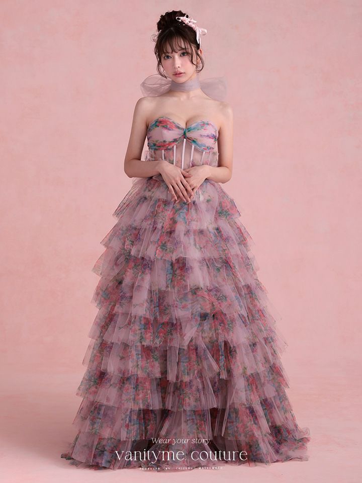 vanityME.couture. バニティミークチュール Jardin Fleur Couture ジャルダン・フルール・クチュール ロングドレス ピンク 花柄 プリント ティアード バースデー vctr-l-a1463