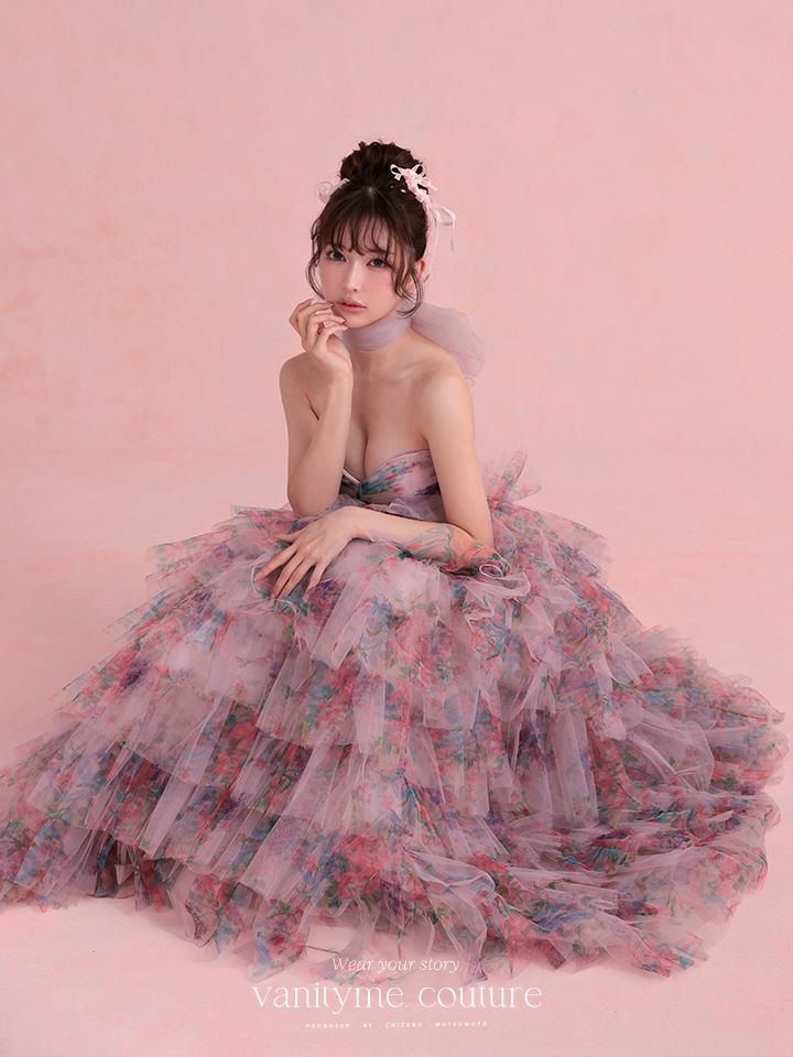 vanityME.couture. バニティミークチュール Jardin Fleur Couture ジャルダン・フルール・クチュール ロングドレス ピンク 花柄 プリント ティアード バースデー vctr-l-a1463