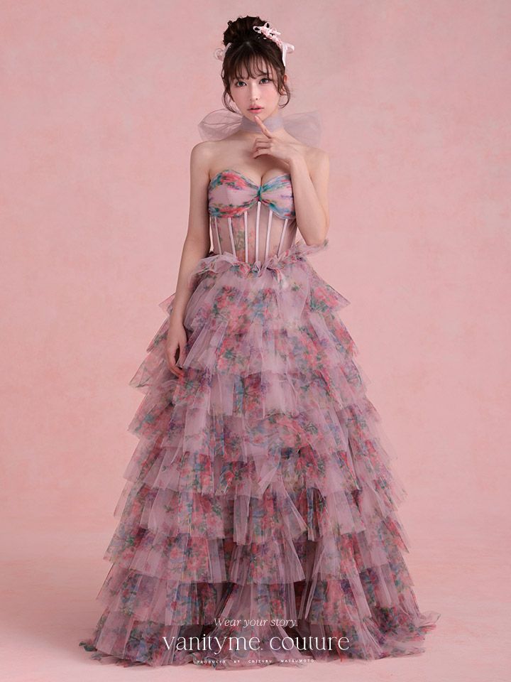 vanityME.couture. バニティミークチュール Jardin Fleur Couture ジャルダン・フルール・クチュール ロングドレス ピンク 花柄 プリント ティアード バースデー vctr-l-a1463