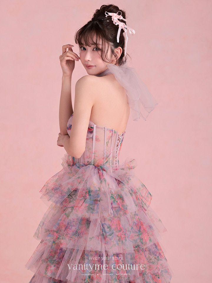 vanityME.couture. バニティミークチュール Jardin Fleur Couture ジャルダン・フルール・クチュール ロングドレス ピンク 花柄 プリント ティアード バースデー vctr-l-a1463