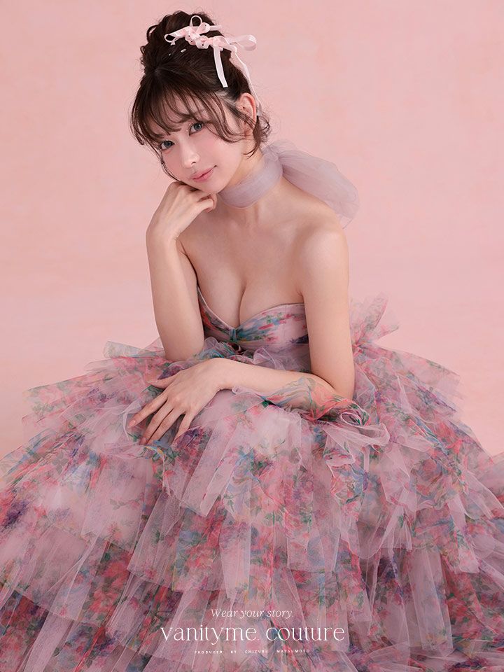 vanityME.couture. バニティミークチュール Jardin Fleur Couture ジャルダン・フルール・クチュール ロングドレス ピンク 花柄 プリント ティアード バースデー vctr-l-a1463