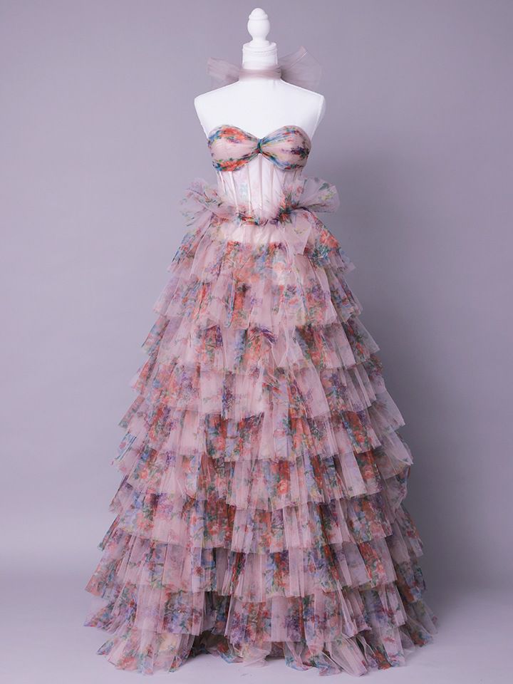 vanityME.couture. バニティミークチュール Jardin Fleur Couture ジャルダン・フルール・クチュール ロングドレス ピンク 花柄 プリント ティアード バースデー vctr-l-a1463