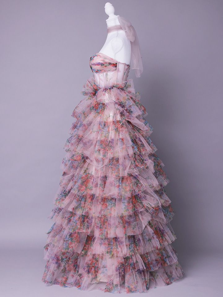 vanityME.couture. バニティミークチュール Jardin Fleur Couture ジャルダン・フルール・クチュール ロングドレス ピンク 花柄 プリント ティアード バースデー vctr-l-a1463