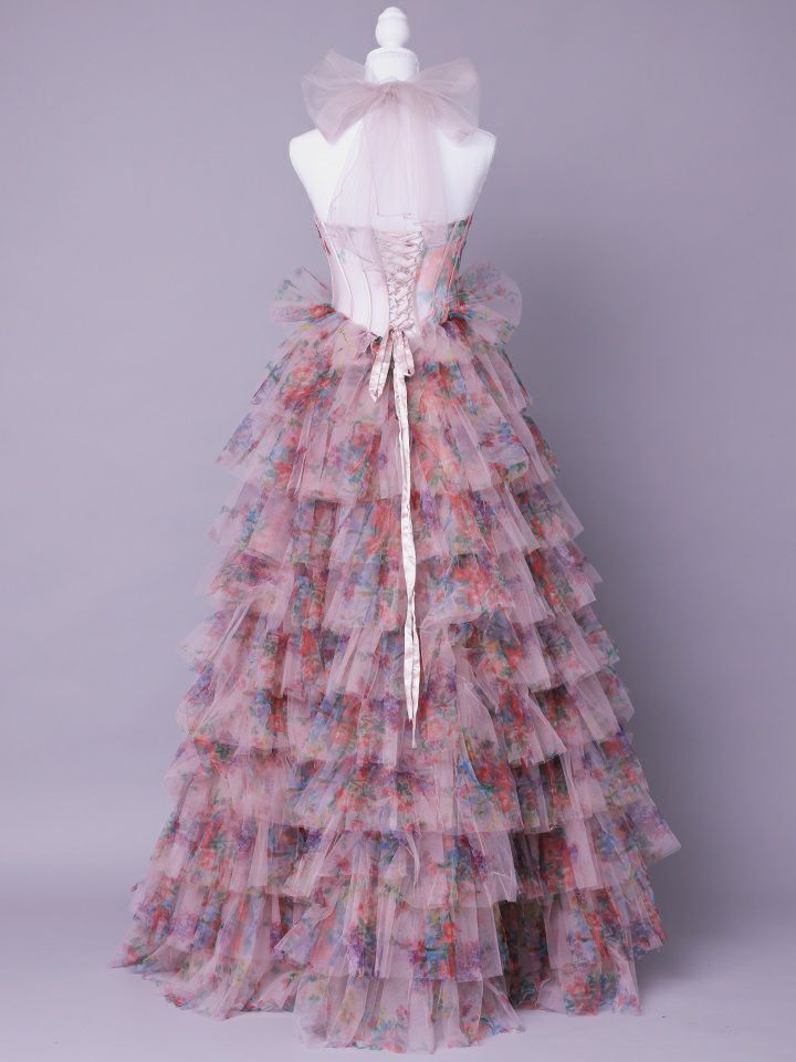 vanityME.couture. バニティミークチュール Jardin Fleur Couture ジャルダン・フルール・クチュール ロングドレス ピンク 花柄 プリント ティアード バースデー vctr-l-a1463