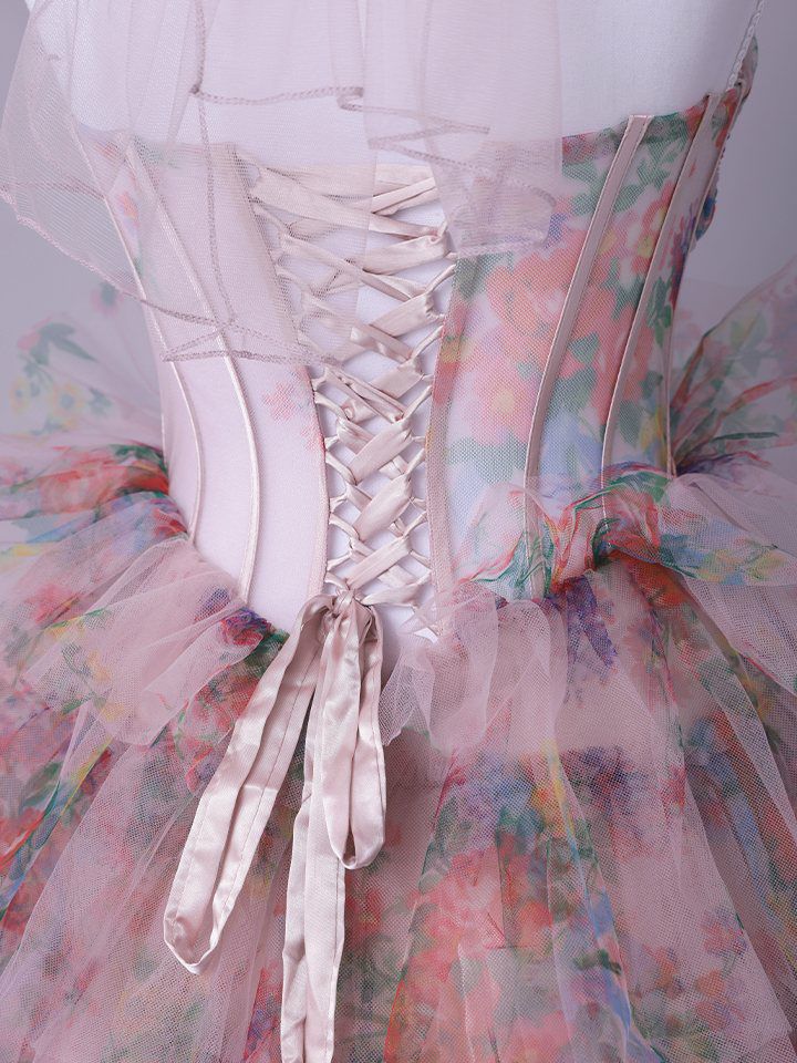 vanityME.couture. バニティミークチュール Jardin Fleur Couture ジャルダン・フルール・クチュール ロングドレス ピンク 花柄 プリント ティアード バースデー vctr-l-a1463