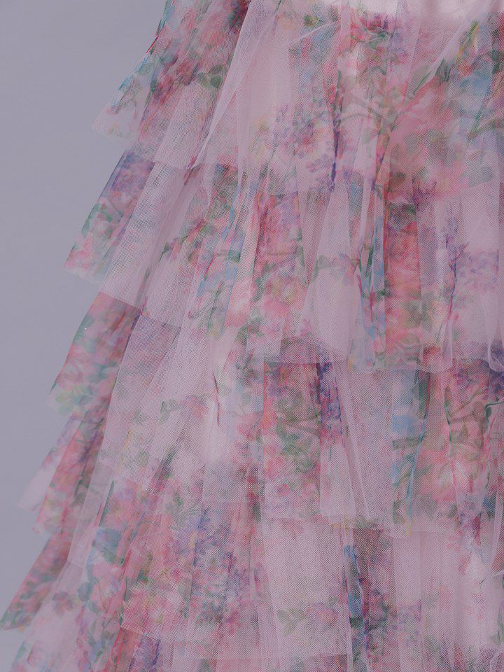 vanityME.couture. バニティミークチュール Jardin Fleur Couture ジャルダン・フルール・クチュール ロングドレス ピンク 花柄 プリント ティアード バースデー vctr-l-a1463