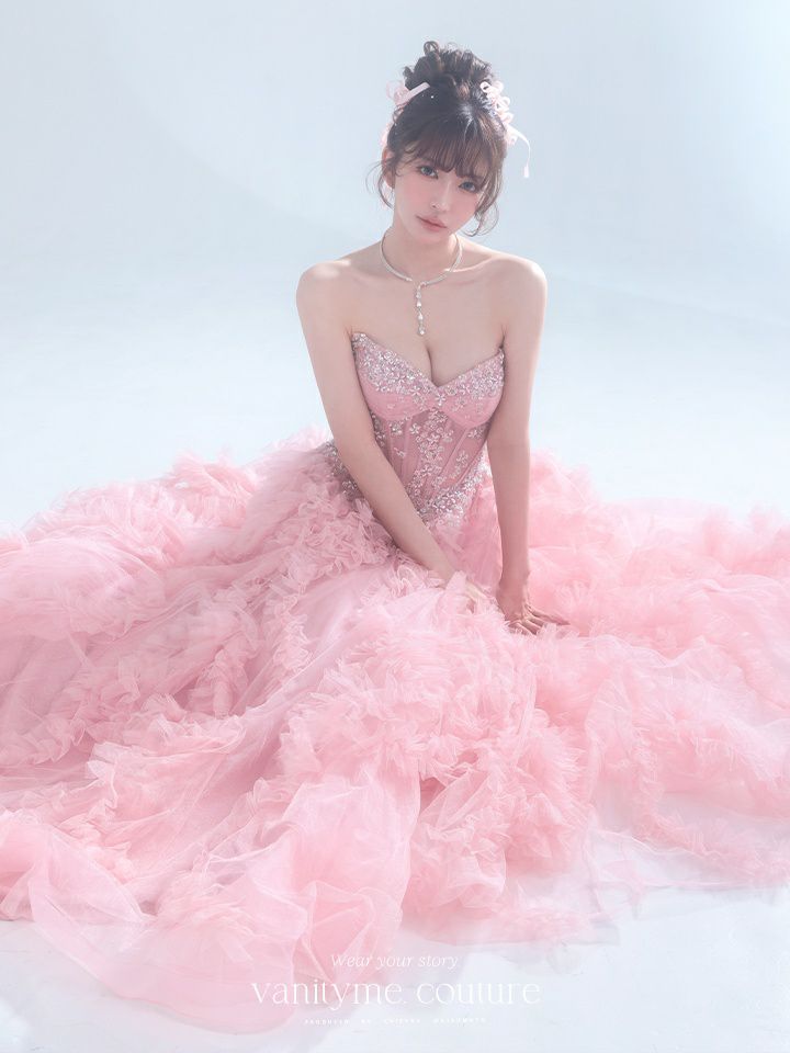 vanityME.couture. バニティミークチュール Rose Bijou Couture ローズ・ビジュー・クチュール ロングドレス ピンク ビジュー フリル バースデー vctr-l-a1483