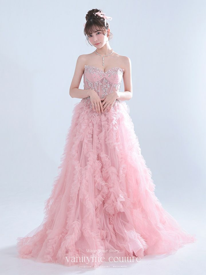 vanityME.couture. バニティミークチュール Rose Bijou Couture ローズ・ビジュー・クチュール ロングドレス ピンク ビジュー フリル バースデー vctr-l-a1483