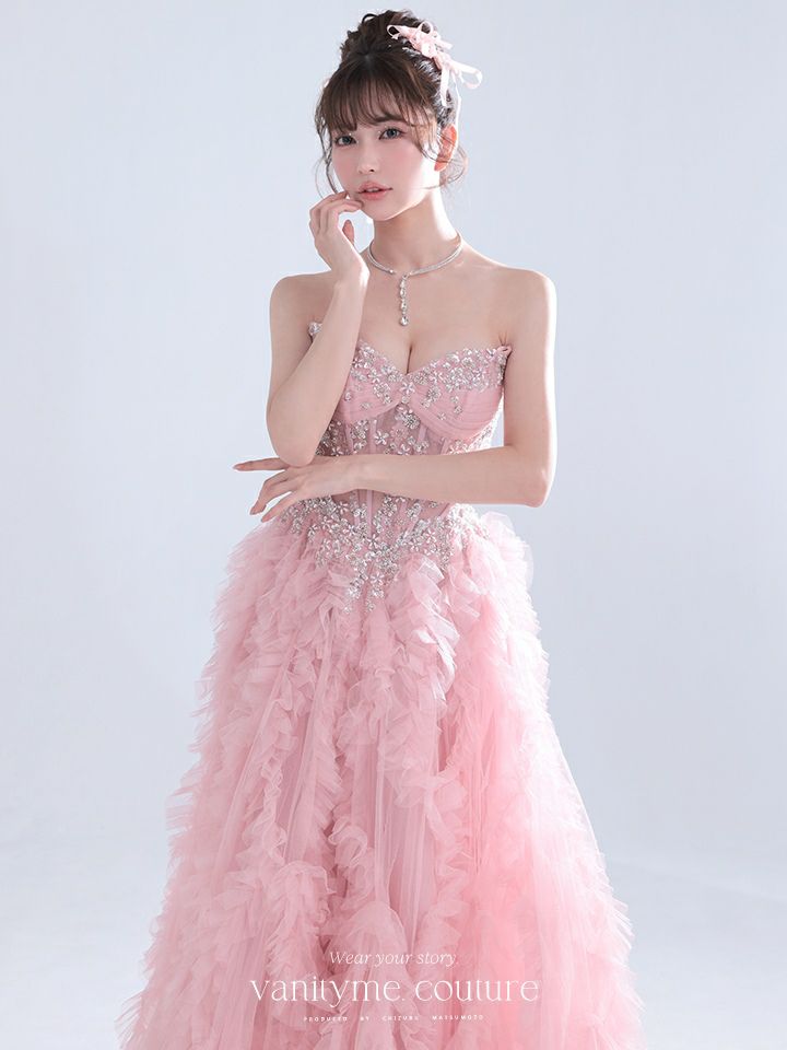 vanityME.couture. バニティミークチュール Rose Bijou Couture ローズ・ビジュー・クチュール ロングドレス ピンク ビジュー フリル バースデー vctr-l-a1483